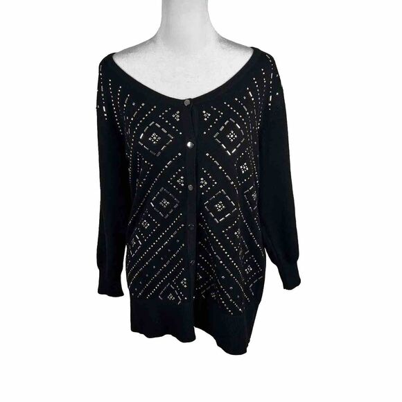 JM Collection Black Rhinestone Cardigan Sweater Top Medium Business Casual - Picture 1 of 7